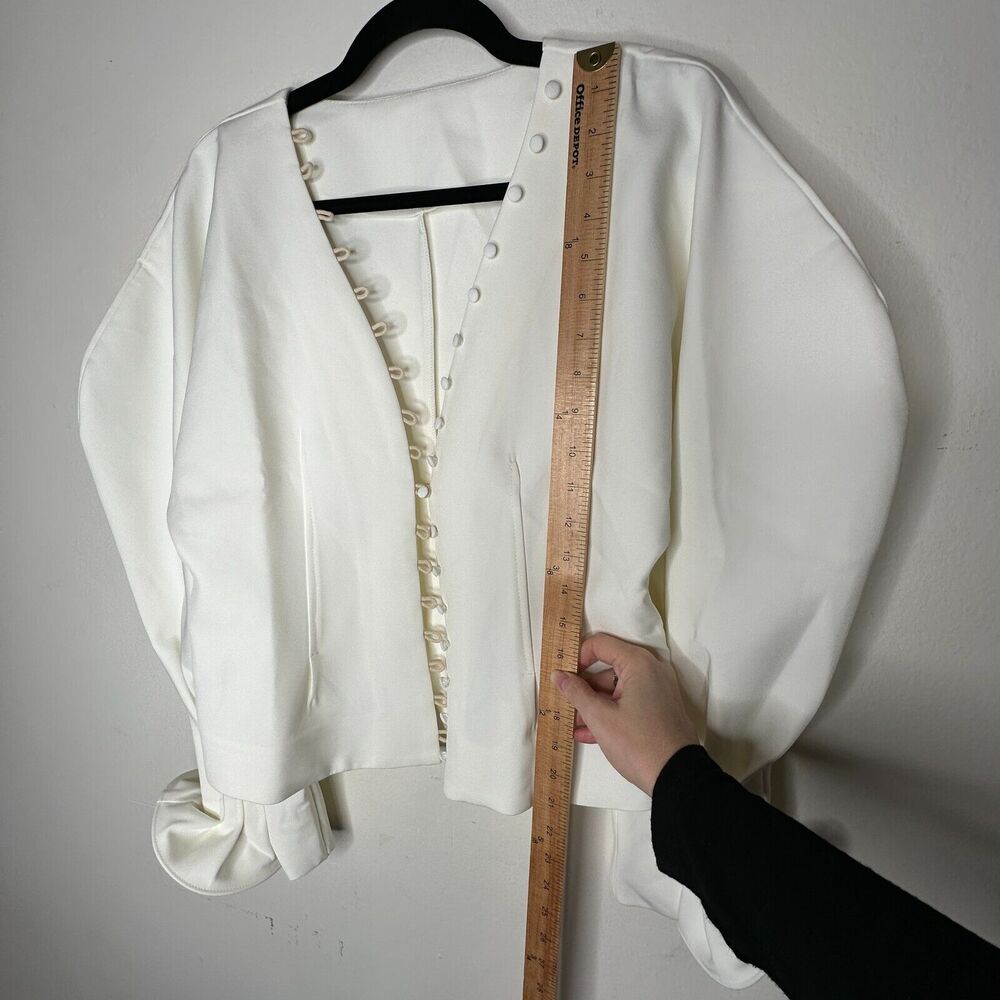 Cream V-Neck Loop & Button Front Balloon Pleated Cuff Sleeve Crop Blouse Med - Picture 6 of 11